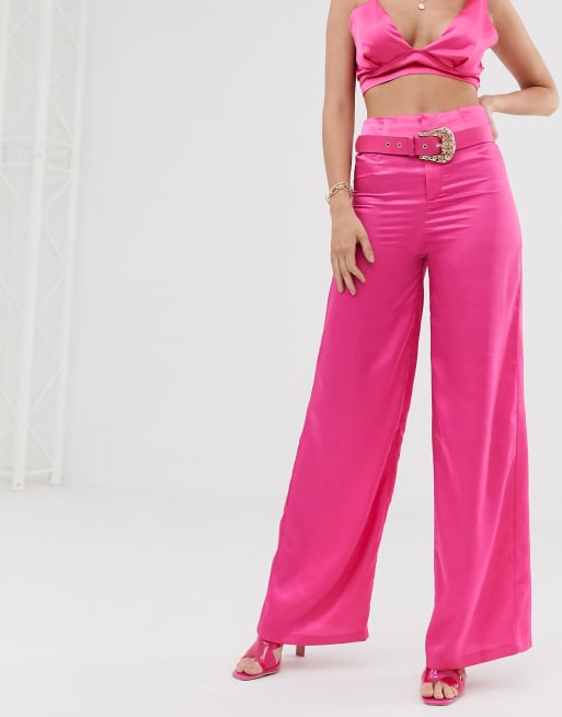 Katchme satin wide leg pants with belt detail in hot pink