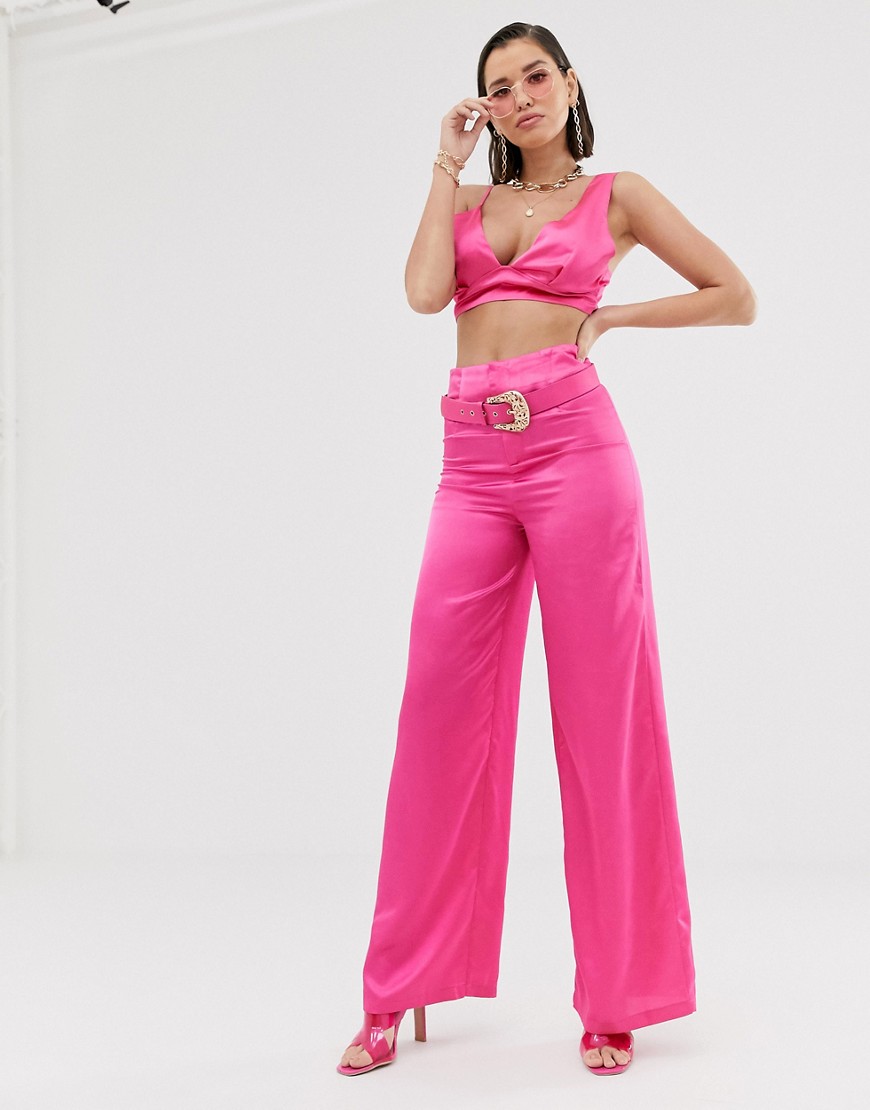 Katchme satin wide leg trouser with belt detail in hot pink