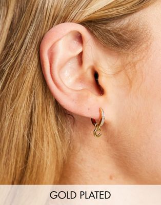 Kate Spade C initial drop pave huggy hoop earrings in gold plate