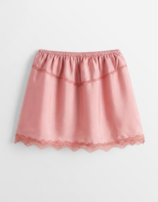Katoenen satijnen minirok met kant in roze, 6 van 9