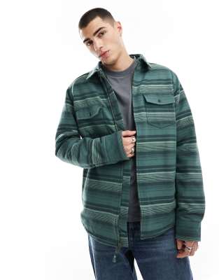 KAVU Kavu eagle pine long sleeve lined overshirt in green horizontal stripes