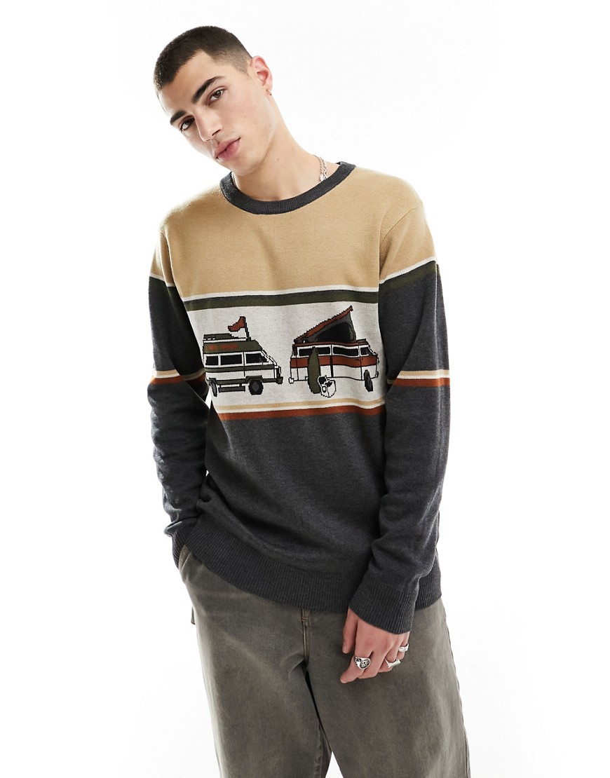 Kavu highline knitted jumper in beige and grey with camper van artwork-Neutral