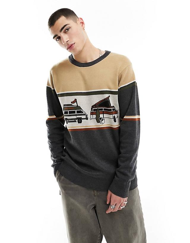 KAVU - highline knitted jumper in beige and grey with camper van artwork