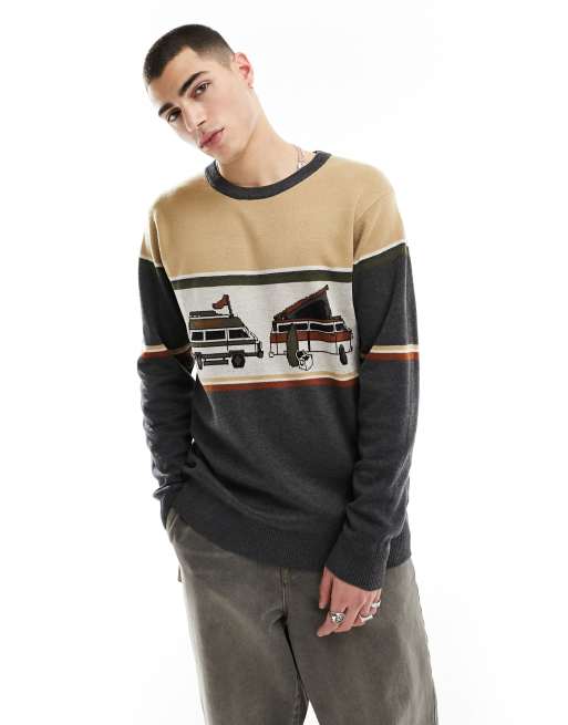 Kavu highline knitted jumper in beige and grey with camper van artwork