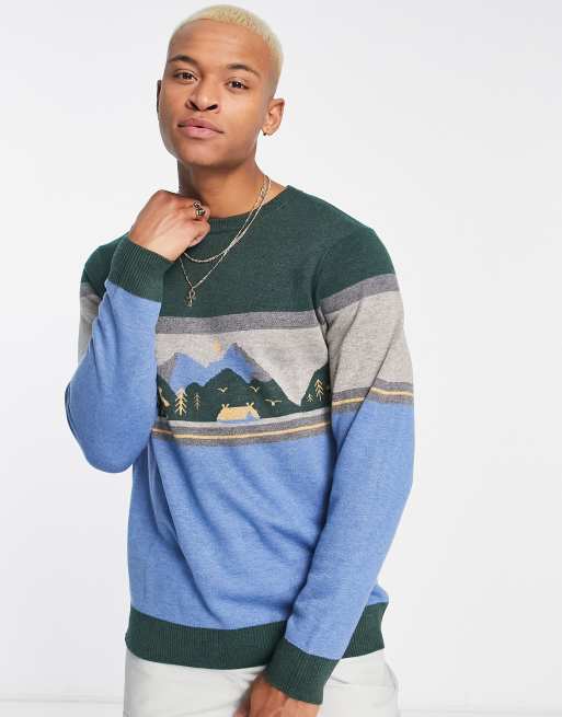 Kavu – Highline – Niebieski sweter z górskim wzorem
