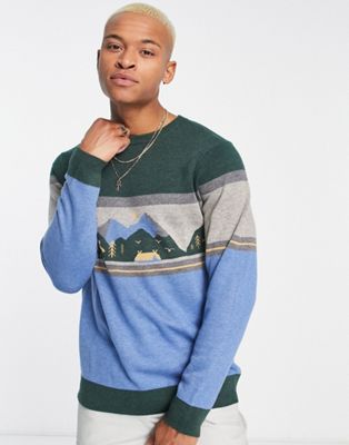 Kavu Highline jumper with mountain print in blue - ASOS Price Checker
