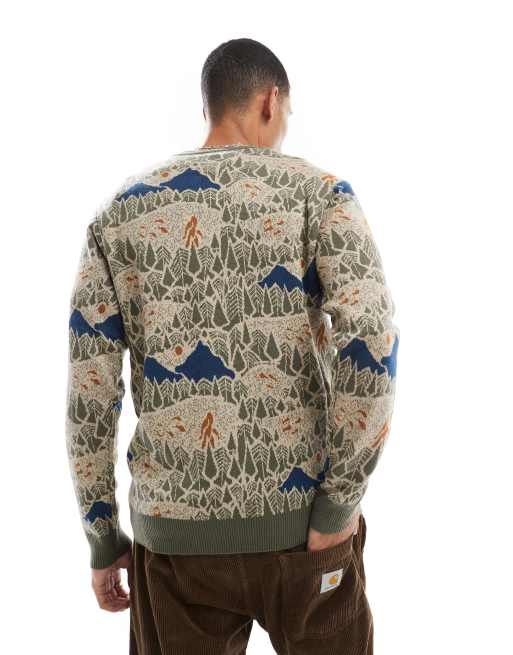 KAVU Highline Pull en jacquard avec motif montagne rétro