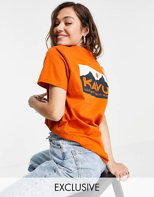Kavu Klear Above back print t-shirt in orange Exclusive at ASOS