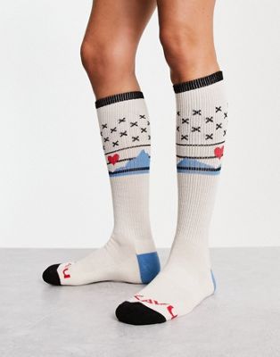 Kavu Moonwalk mountain print socks in off-white