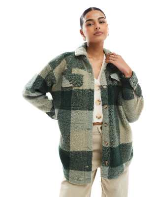 KAVU Kavu Northern Sky zip check fleece shacket in green