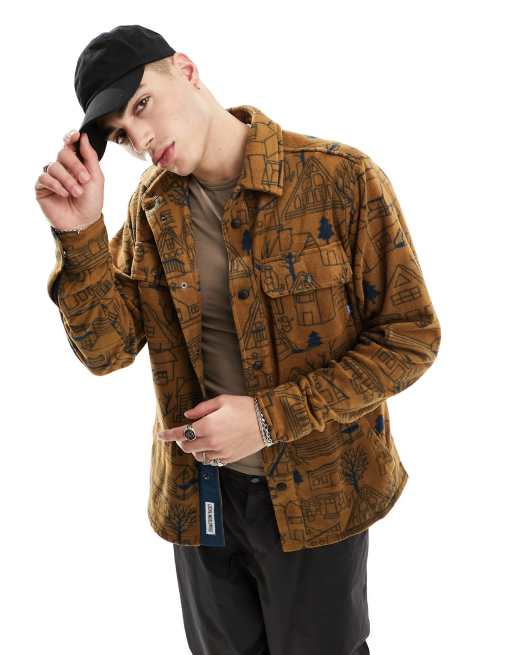 Kavu oh chute long sleeve lined overshirt in orange with all over print