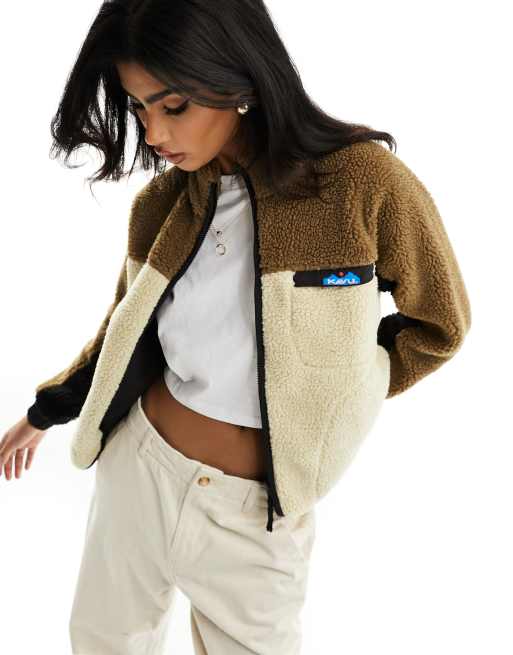 Kavu pinesdale zip through sherpa fleece jacket in brown