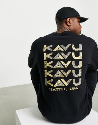 T-shirts imprimés Kavu - T-shirt manches longues en toile à logo superposé - Noir