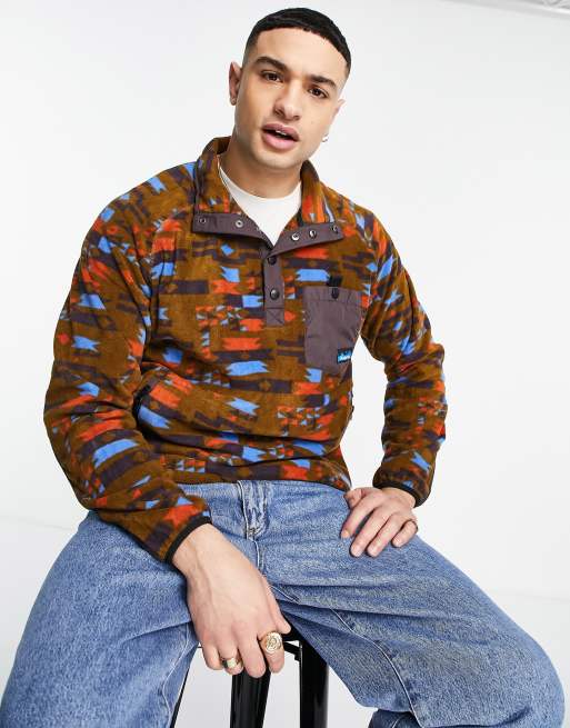Kavu Tennaway snap neck printed fleece in brown