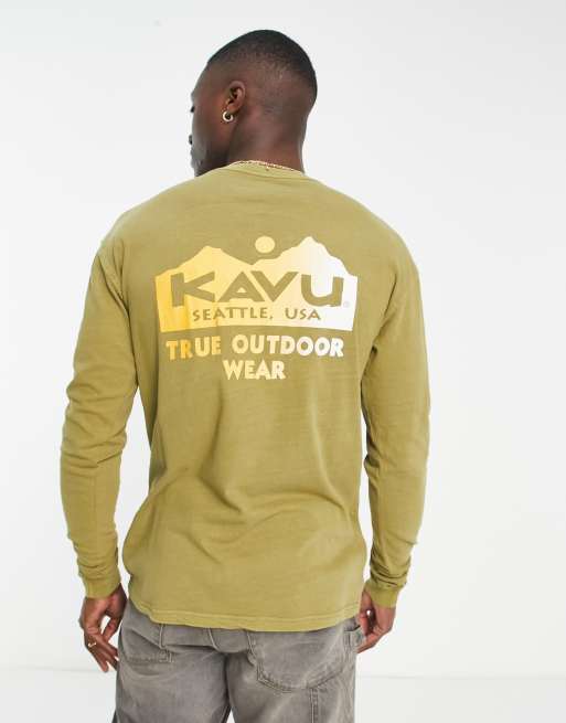 Kavu – True Outdoor – T-shirt z długim rękawem i nadrukiem na plecach w kolorze khaki