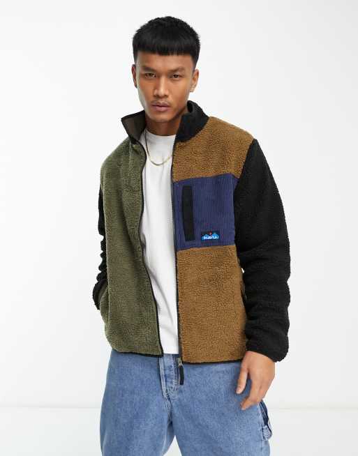 Kavu - Wayside - Giacca in pile borg color block marrone e kaki con zip