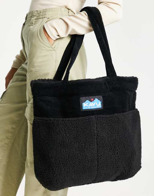 Kavu - Wijde tote met drie zakken in zwart corduroy