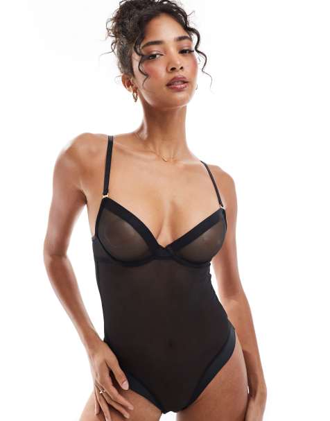 KBX – Body aus Netzstoff in Schwarz mit BH mit unwattierten Bügeln und tiefem Ausschnitt - view 1