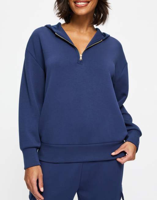 KBX Sarina  sweat zip neck hoodie in navy in scuba-style fabric