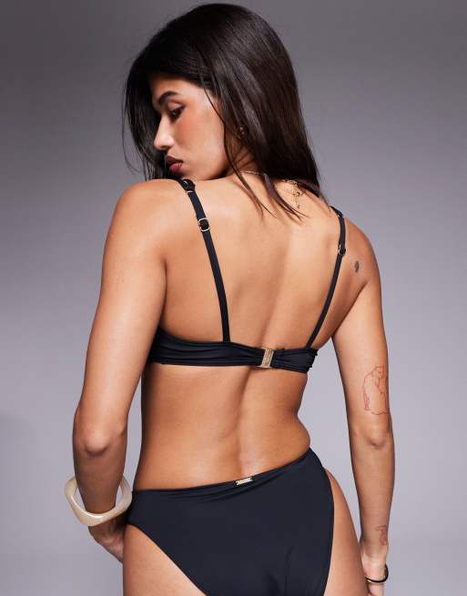 KBX - Top bikini nero con fascia annodata, davanti a V e imbottitura rimovibile, 2 di 4