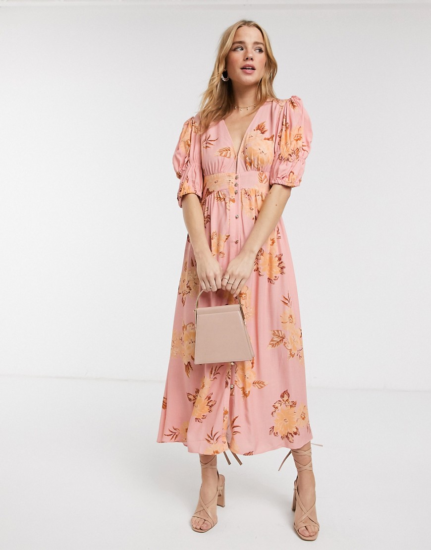 Keepsake - Forever - Midi-jurk met knopen en bruine tuinbloemenprint-Roze