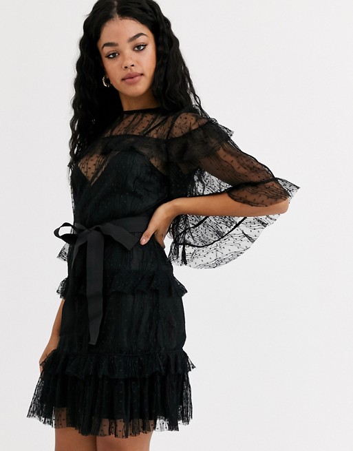 Keepsake spotted msh overlace mini dress with tie waist in black