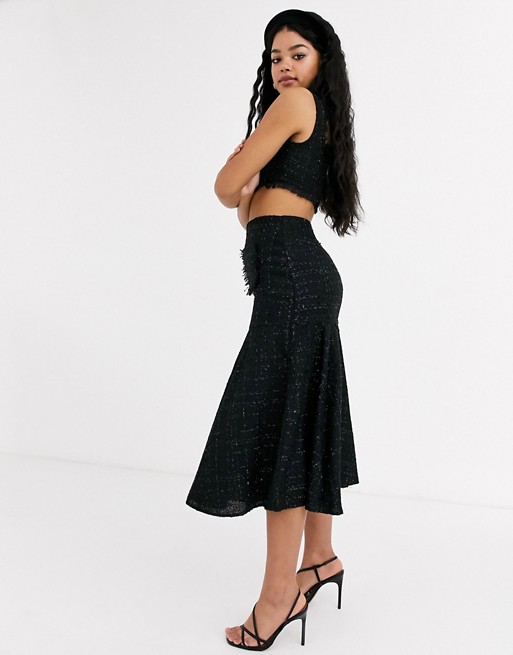 Keepsake tweed woven midi skirt in black