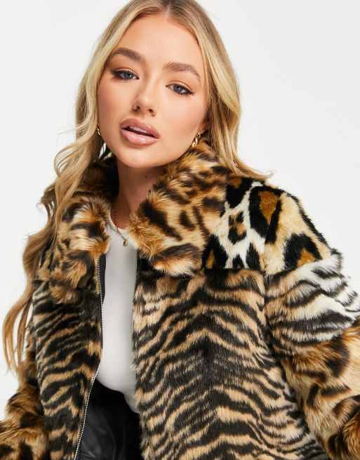 Kendall Kylie short faux fur jacket in mixed animal print