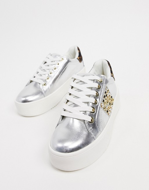 KG by Kurt Geiger lewis flatform trainers with side stripe in silver leather