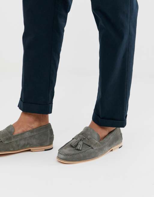 grey loafers with tassels