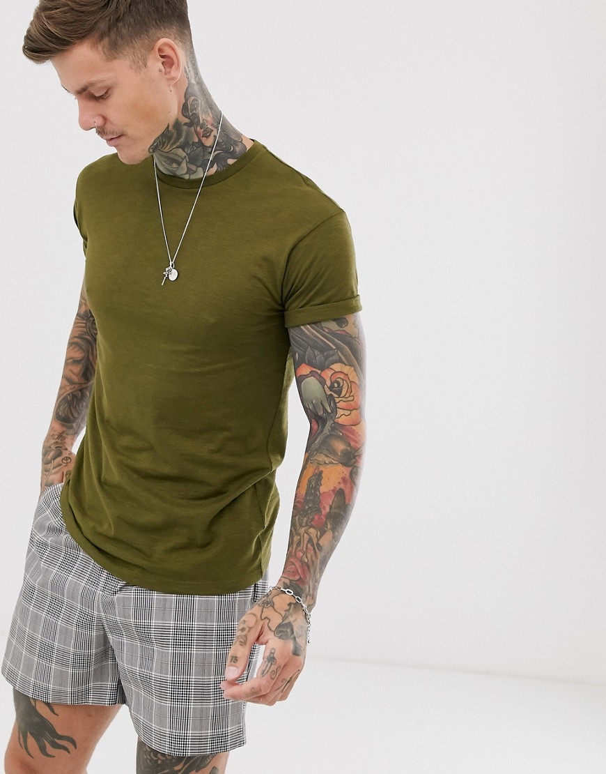 Khakifarvet T-shirt med oprullet ærme i slubjersey fra Topman-Grøn
