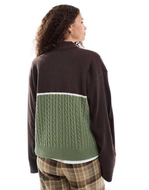Kickers 90s zip through funnel neck cardigan in green brown knit, 4 of 4