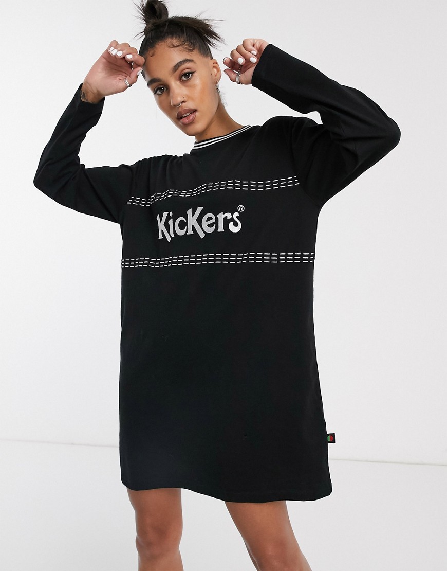 Kickers - Afslappet T-shirt-kjole med lange ærmer og logo foran-Sort