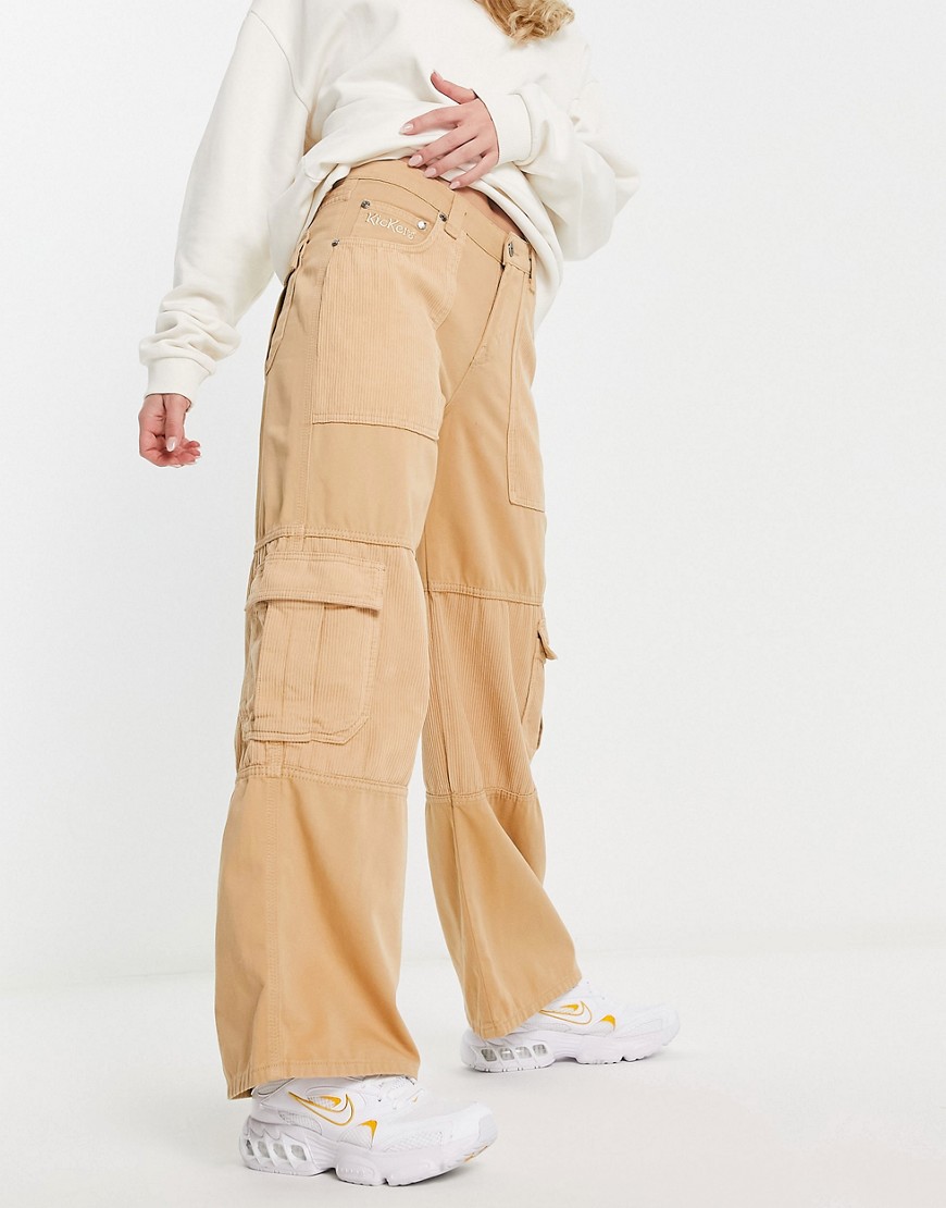Kickers baggy cord panel jeans in tan-Brown