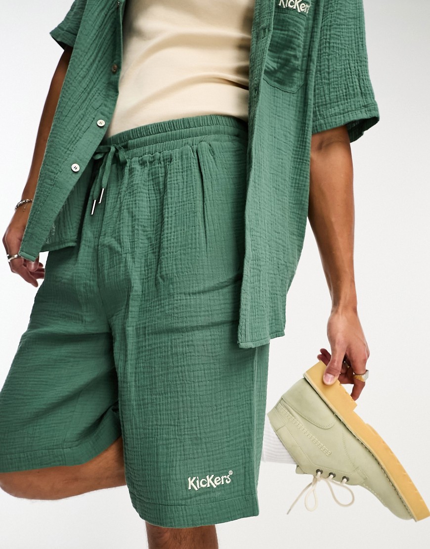Kickers baggy fit green muslin shorts with tie waist and embroidered logo co-ord