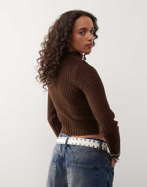 Kickers – Brązowy sweter z golfem w paski w stylu retro, 2 z 4
