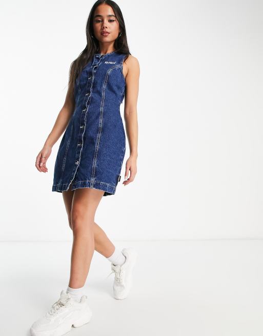 Kickers button through mini dress with front logo in blue denim | ASOS