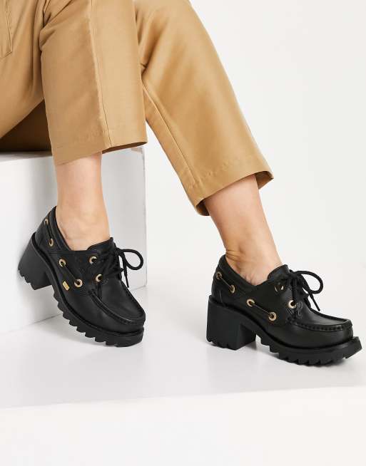Kickers - Chunky loafers med hæl i sort læder