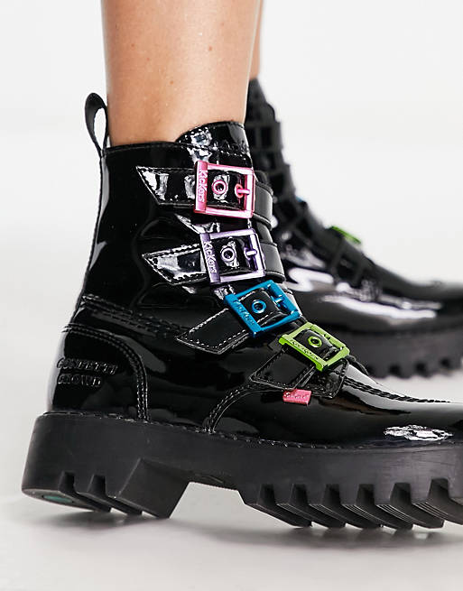 charme Interesseren Oppervlakkig Kickers confetti qween boots with multicolor buckles in black | ASOS