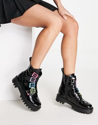 Kickers confetti qween boots with multicolour buckles in black
