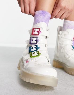 Kickers confetti qween boots with multicolour buckles in white