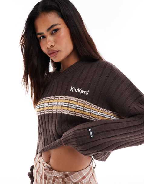 Kickers – Cricket-Strickpullover in Braun mit kurzem Schnitt und Logostickerei - view 1