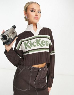Kickers cropped contrast collar jumper in brown