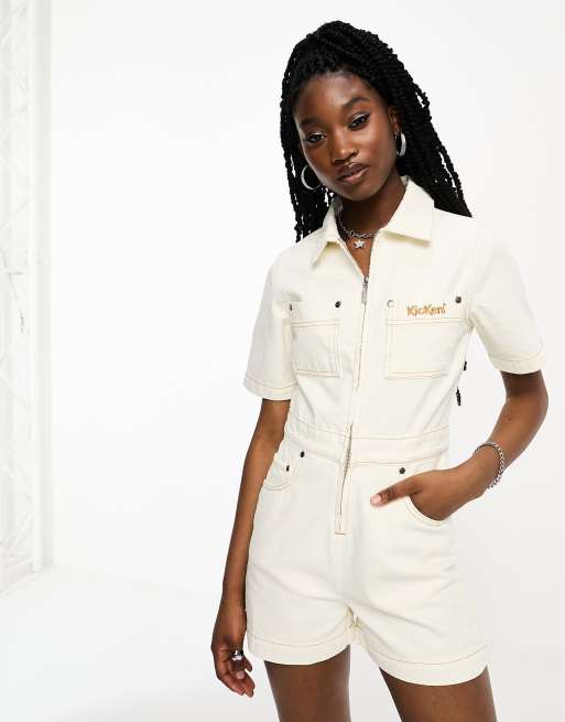 Kickers - Denim romper met contrasterende stiksels en logo op de voorkant in ecru