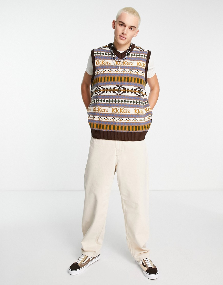 Kickers fairisle knitted vest in brown-Multi