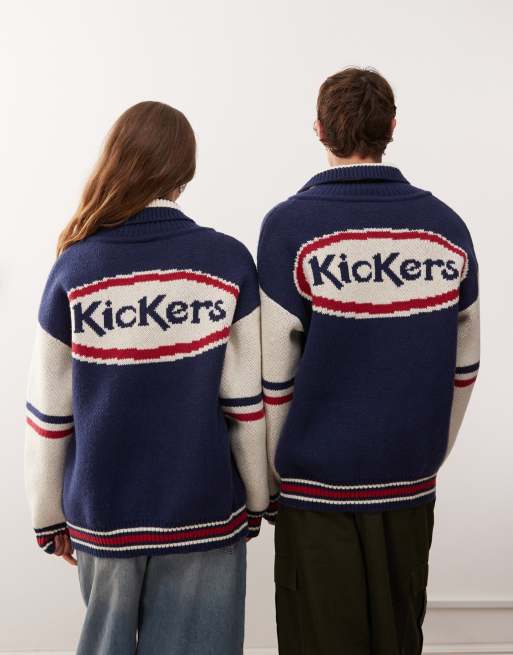 Kickers - Gebreide trui in varsity-stijl met rits in marineblauw en rood, 2 van 4