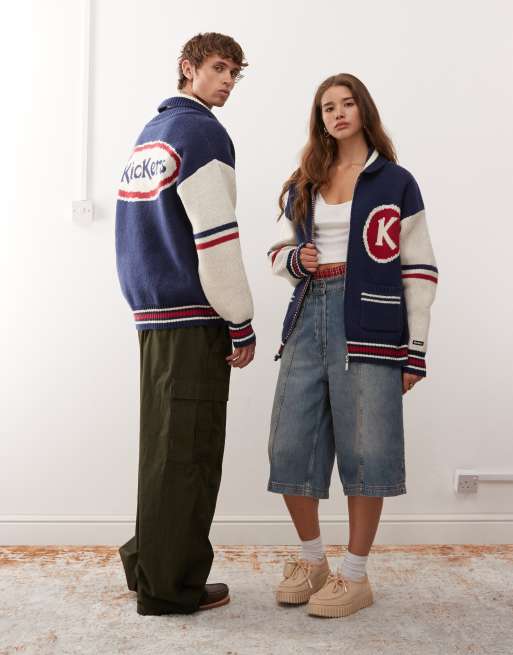 Kickers - Gebreide trui in varsity-stijl met rits in marineblauw en rood, 3 van 4