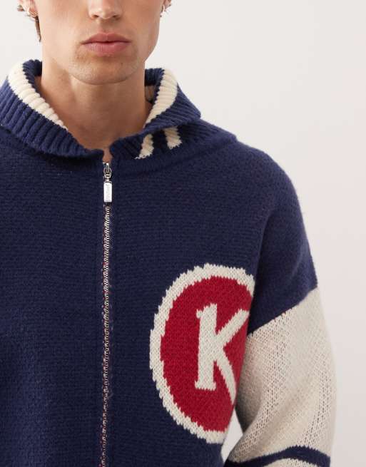 Kickers - Gebreide trui in varsity-stijl met rits in marineblauw en rood, 4 van 4