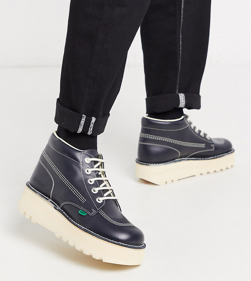 Kickers hi stack platform boots in navy leather-Blue