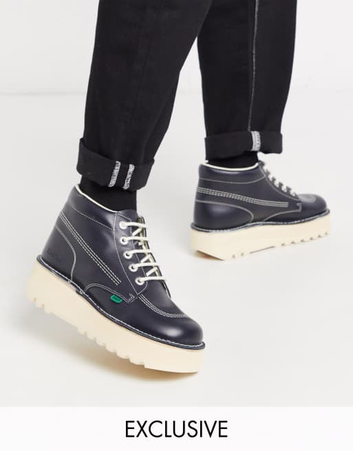 Kickers hi stack platform boots in navy leather ASOS